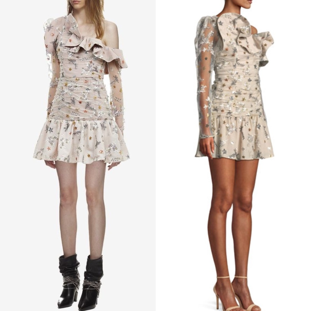 Self-Portrait One-Shoulder Star Embroidered Mesh Ruffle Mini Dress Size 4
